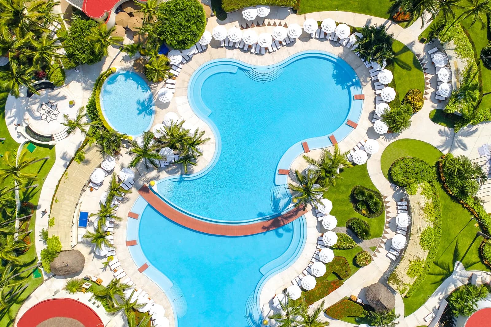 Aerial view of a resort pool lined with palms and white sun umbrellas.